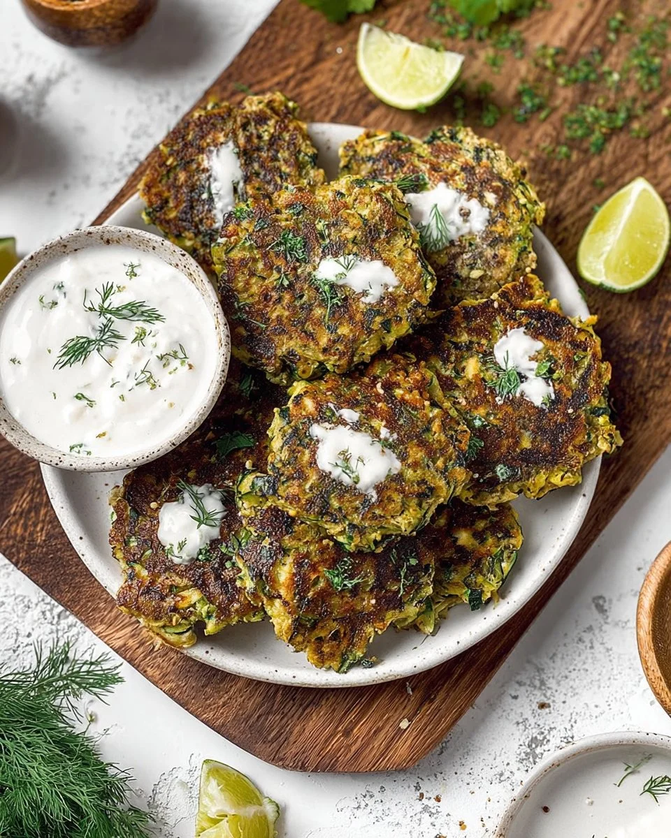 Gluten-free vegan zucchini fritters served on a plate with dipping sauce
