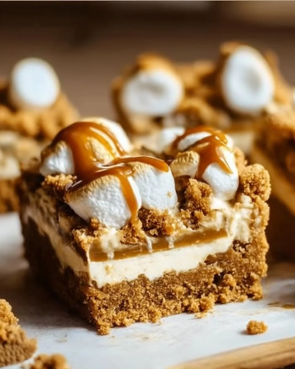 Gooey Biscoff crumb bars topped with a sprinkle of cookie crumbs.