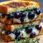 Gourmet blueberry grilled cheese sandwich with melted cheese and fresh blueberries