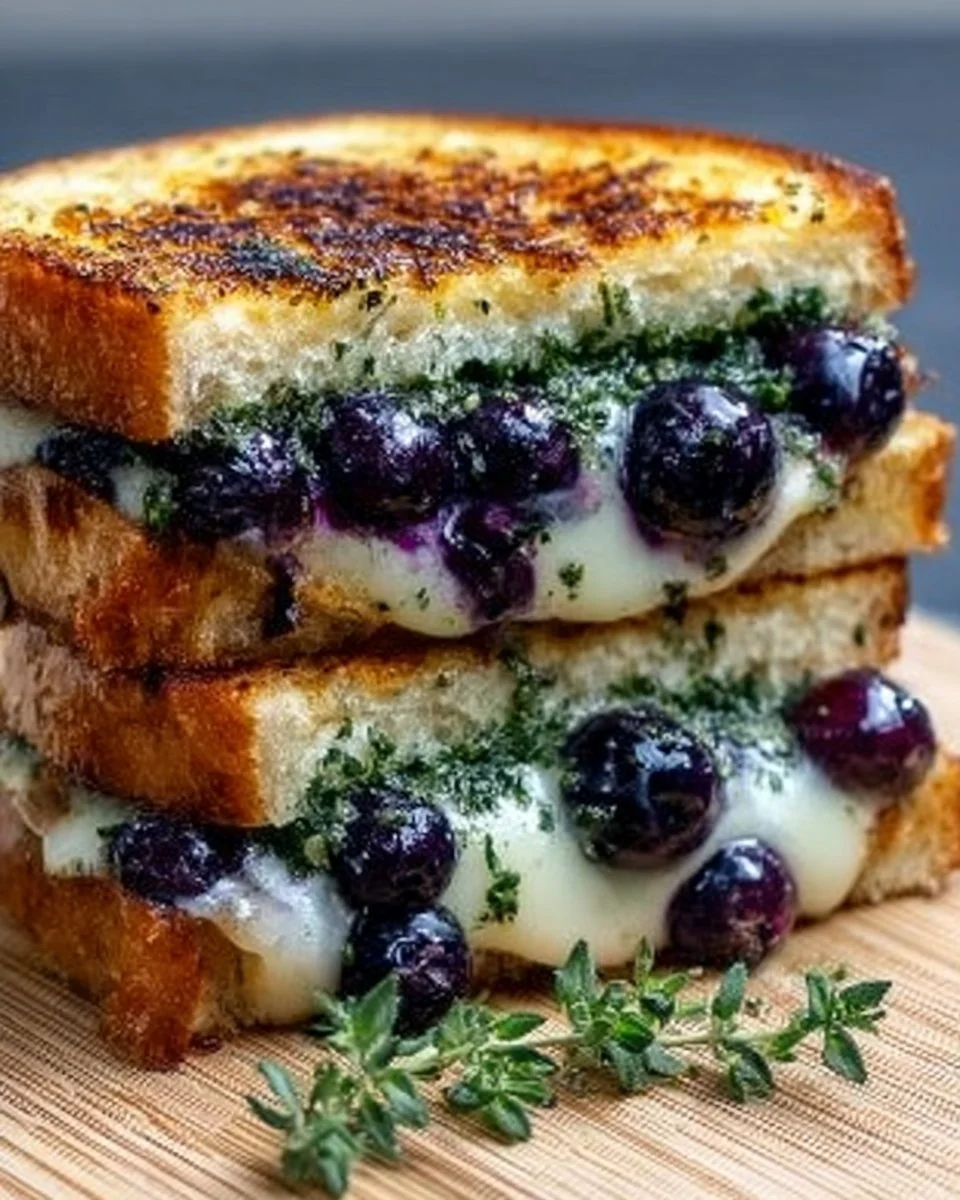 Gourmet blueberry grilled cheese sandwich with melted cheese and fresh blueberries