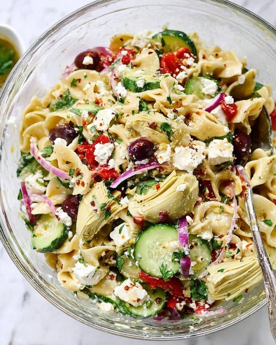 Delicious Greek Pasta Salad with cucumbers, artichoke hearts, and olives in a bowl.