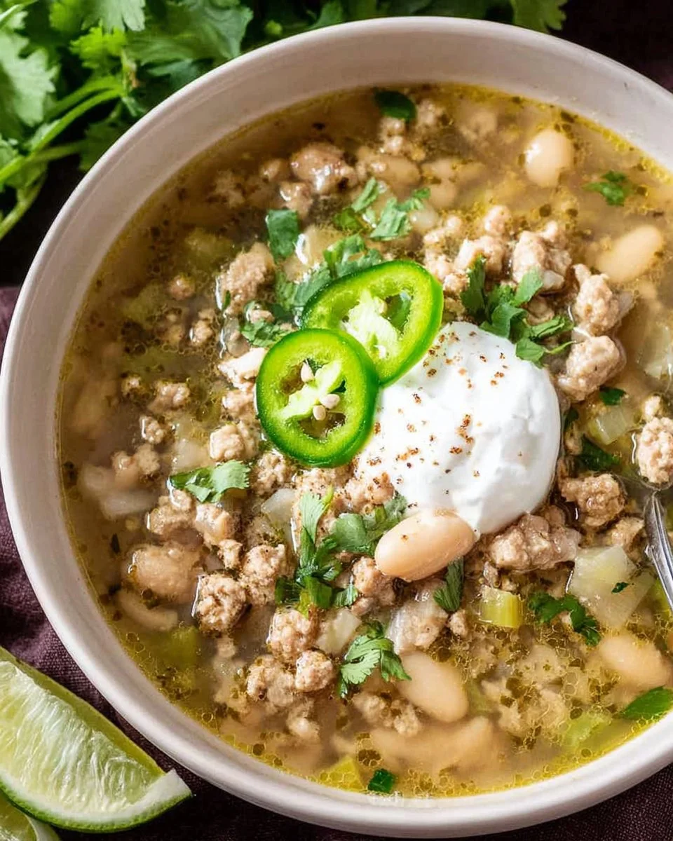Bowl of green and white turkey chili garnished with fresh herbs