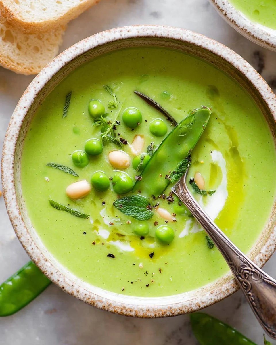 Bowl of creamy green pea soup garnished with fresh herbs.