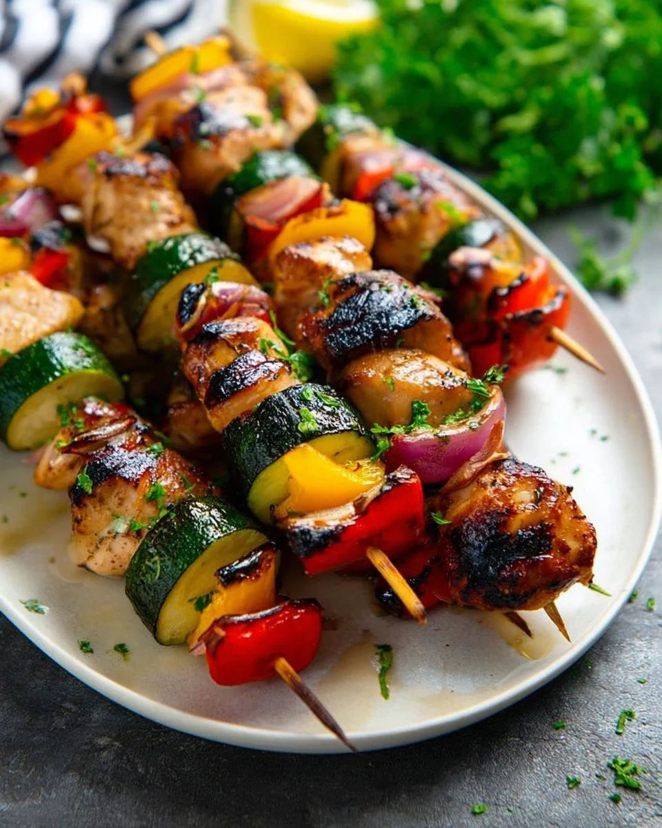 Grilled chicken kabobs skewered with colorful vegetables ready for grilling