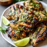 Grilled cilantro lime chicken garnished with fresh cilantro and lime slices.