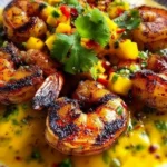Plate of grilled shrimp topped with spicy mango lime coulis