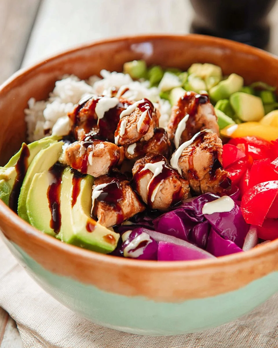 Hawaiian Chicken and Rice Bowl garnished with fresh ingredients
