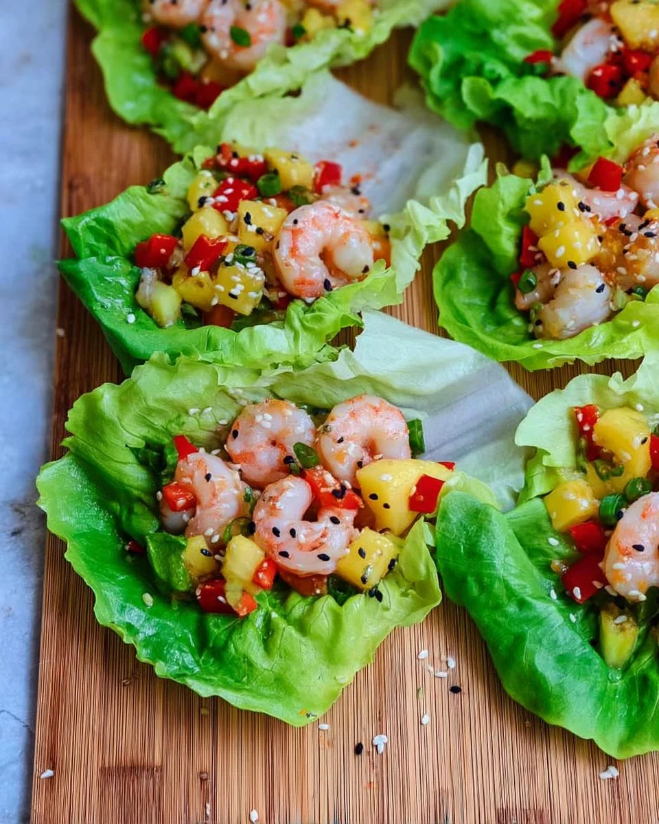 Hawaiian shrimp lettuce wraps served on a plate with colorful toppings