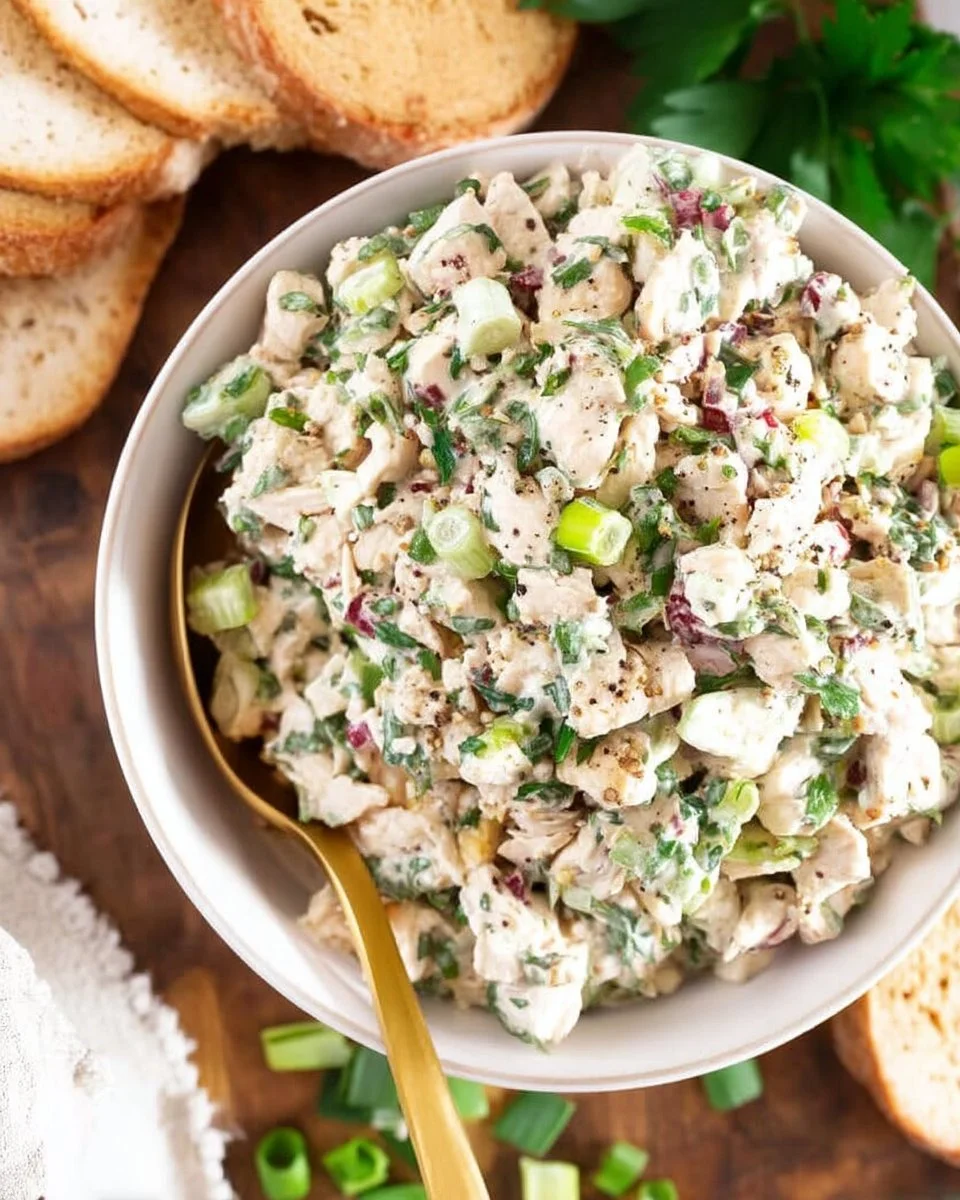 Delicious healthy chicken salad served in a bowl with fresh vegetables
