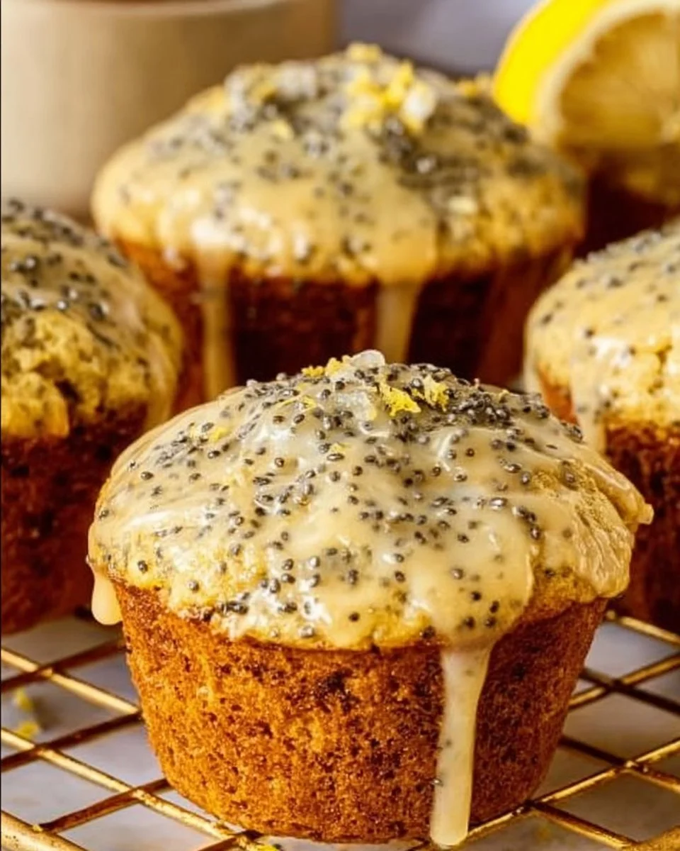 Healthy lemon poppyseed muffins fresh out of the oven with a sprinkle of poppy seeds.