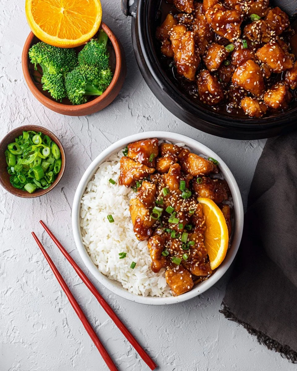 Healthy homemade orange chicken dish with vibrant orange sauce and vegetables