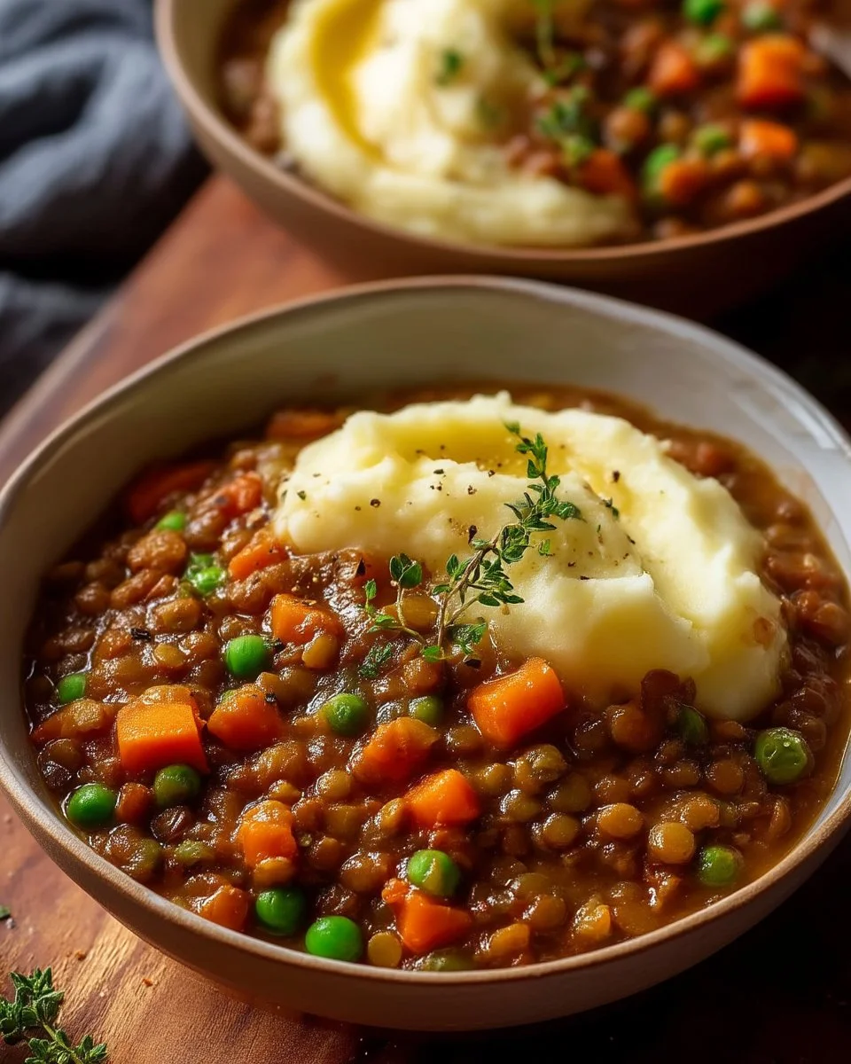 Hearty lentil stew served in a creamy mashed potato bowl