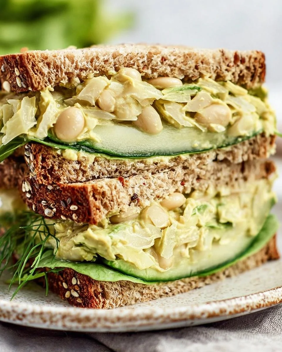 High protein avocado white bean sandwich with fresh ingredients on a plate.