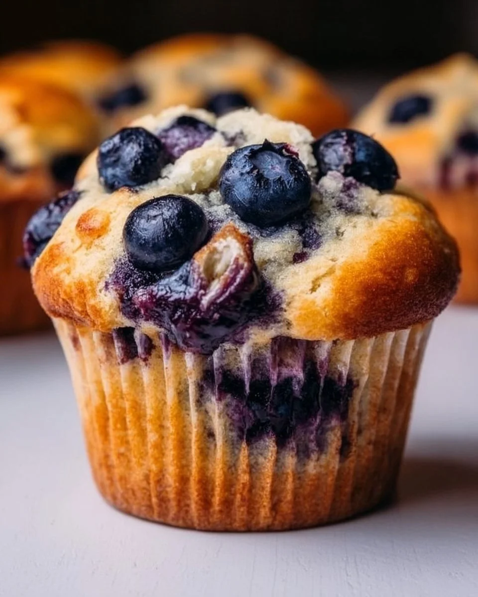 High-protein low-carb blueberry muffins on a wooden table.