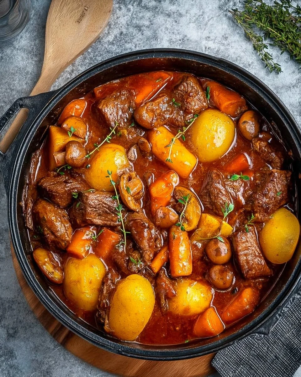 Bowl of homemade beef stew with vegetables and herbs