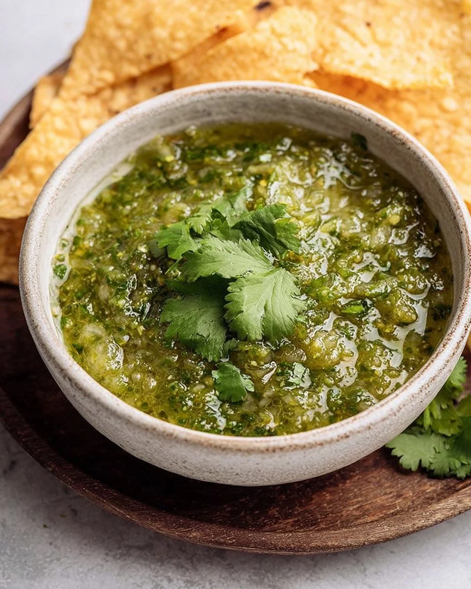 Homemade charred green sauce served in a bowl, garnished with herbs.