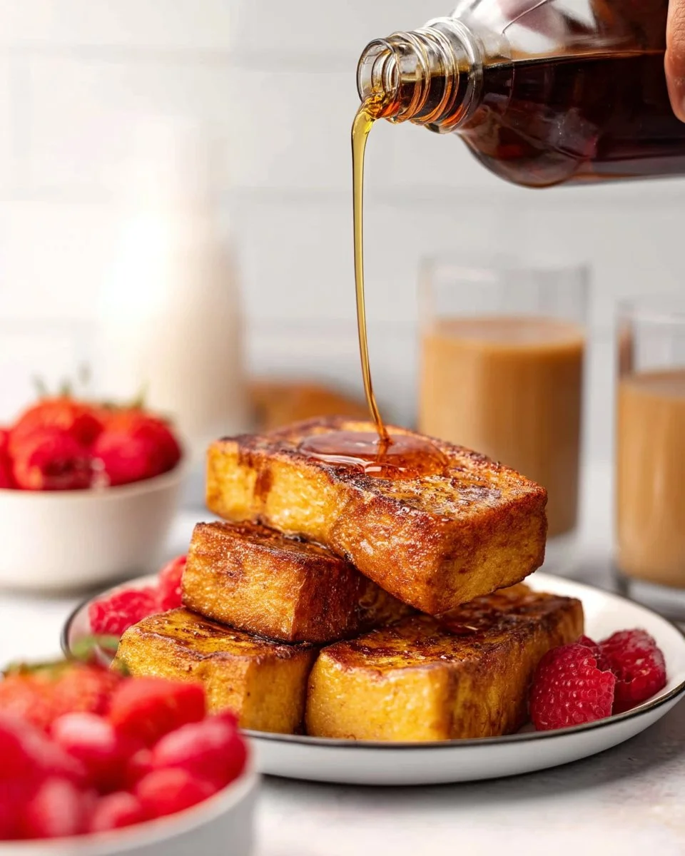 Delicious homemade French toast sticks served with syrup for breakfast
