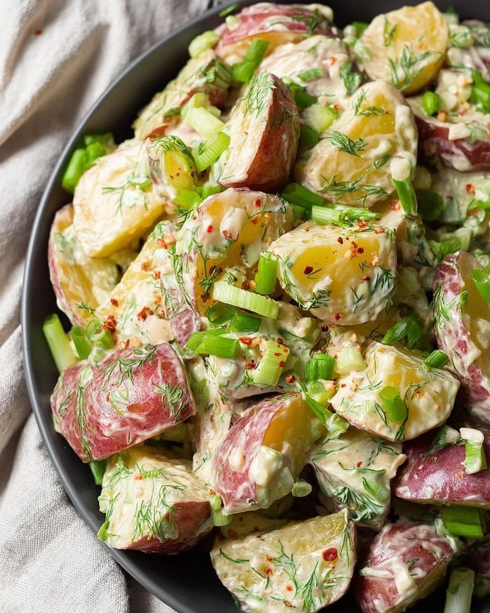Delicious honey mustard potato salad served in a bowl.