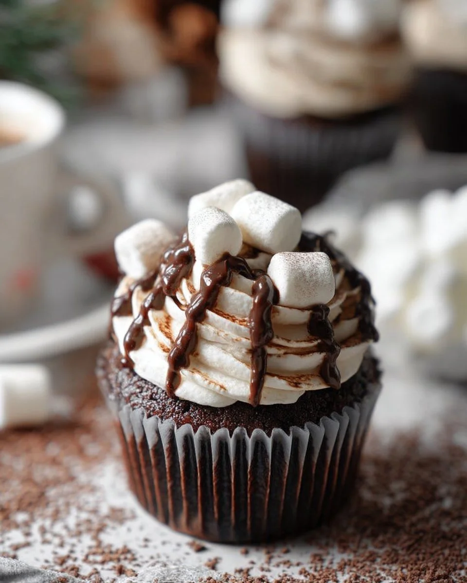 Delicious hot chocolate cupcakes with fluffy marshmallow topping