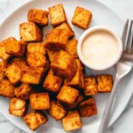 Crispy air fryer tofu served with dipping sauce and vegetables