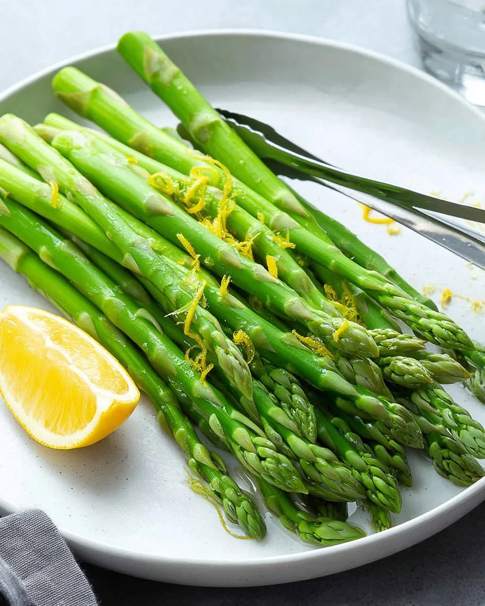 Fresh steamed asparagus served on a plate with lemon and herbs
