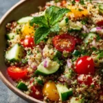 Colorful quinoa salad recipe by Ina Garten featuring fresh vegetables and herbs.