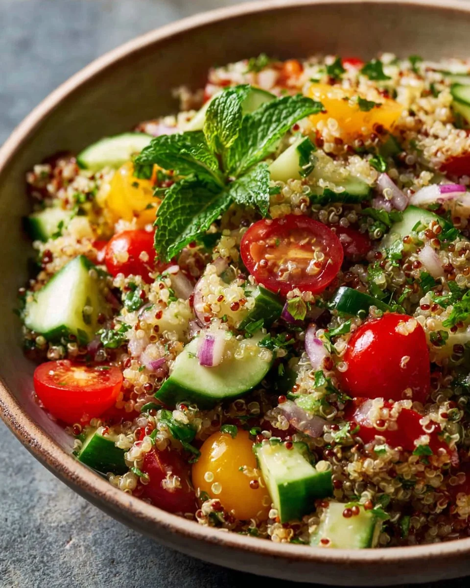 Colorful quinoa salad recipe by Ina Garten featuring fresh vegetables and herbs.
