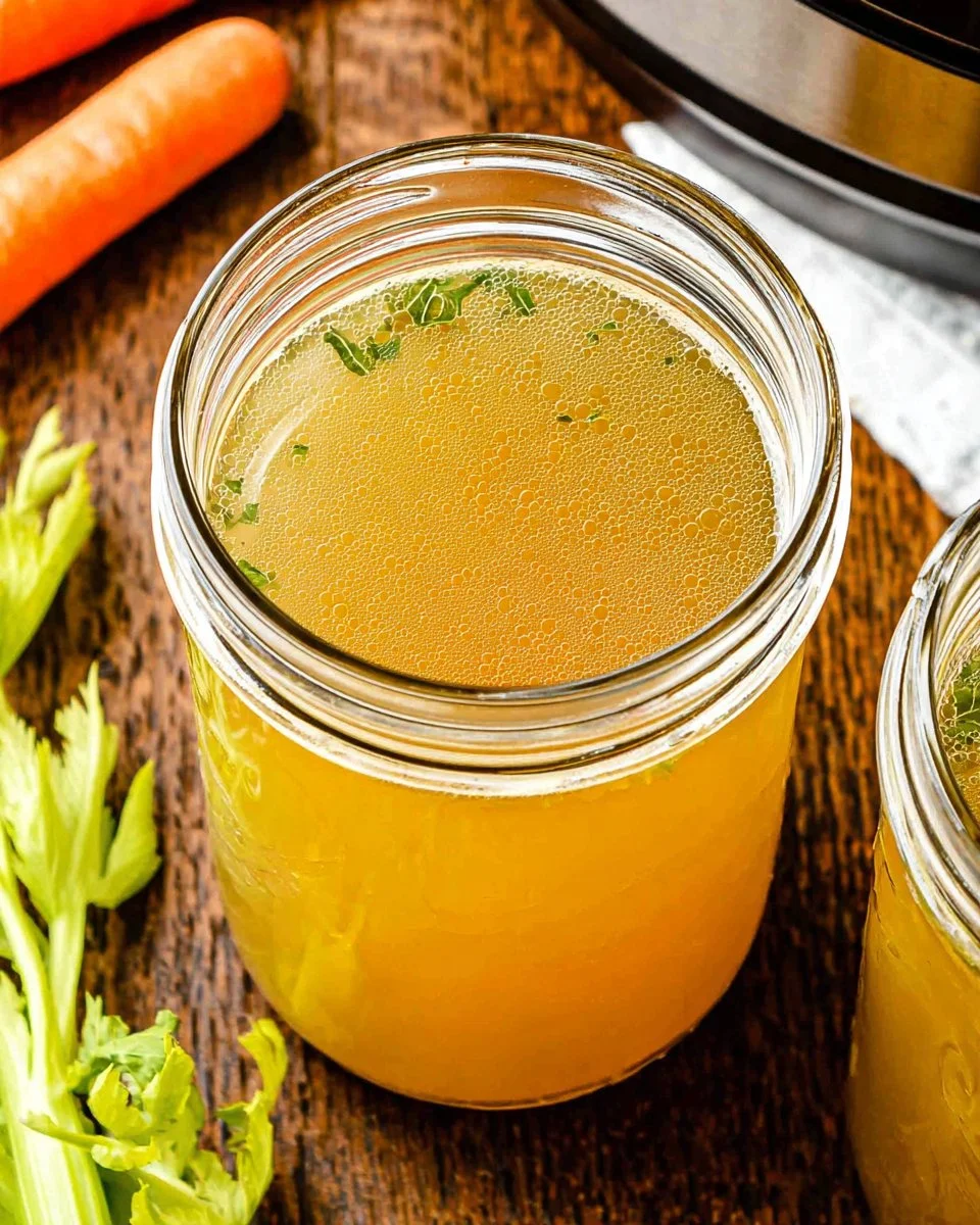 Homemade Instant Pot chicken broth in a bowl, garnished with herbs.