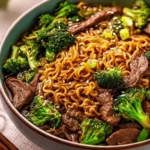 Bowl of juicy beef and broccoli ramen noodles with vegetables