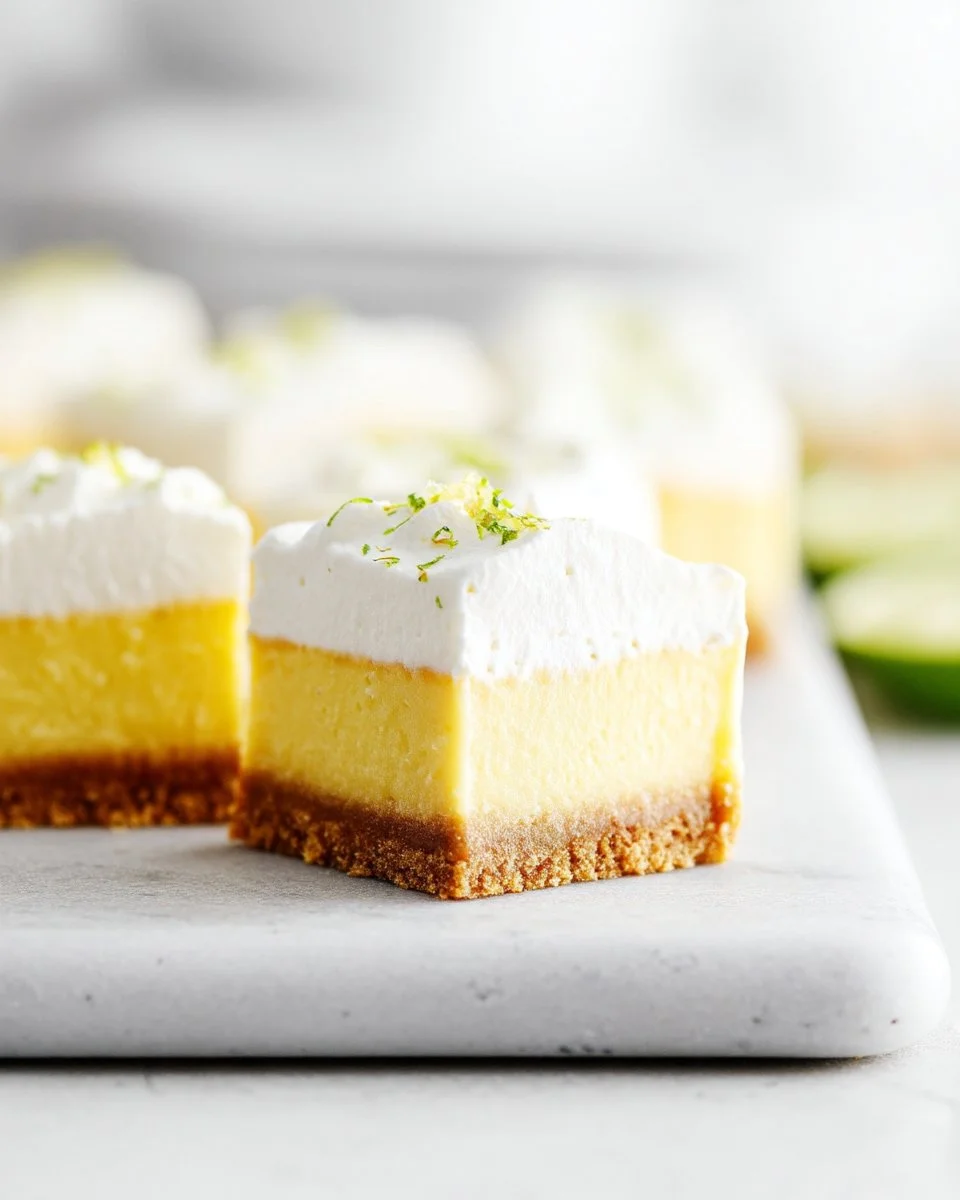 Delicious Key Lime Pie Bars with a zesty lime flavor and graham cracker crust.