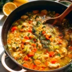 Lemony chicken stew with orzo in a bowl, garnished with herbs