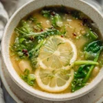 Bowl of Lemony White Bean Potato Soup garnished with herbs