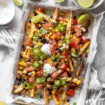 Delicious loaded nacho fries topped with cheese, jalapeños, and sour cream