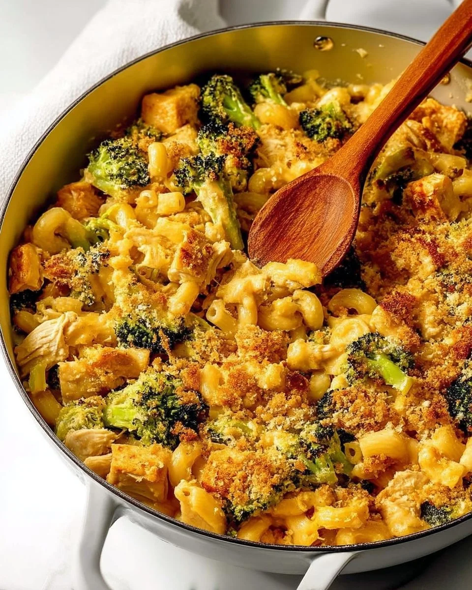 Creamy Mac and Cheese with Chicken and Broccoli in a bowl