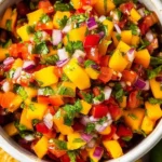 A bowl of fresh mango salsa with diced mango, red onion, and cilantro