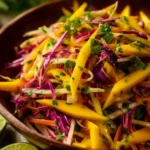 A colorful bowl of mango slaw with vibrant cabbage and carrots