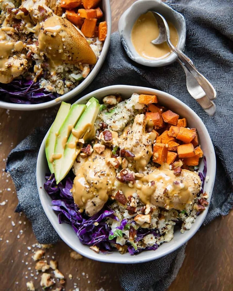 Maple Dijon Chicken Pear Bowls served in a rustic bowl with vibrant ingredients.