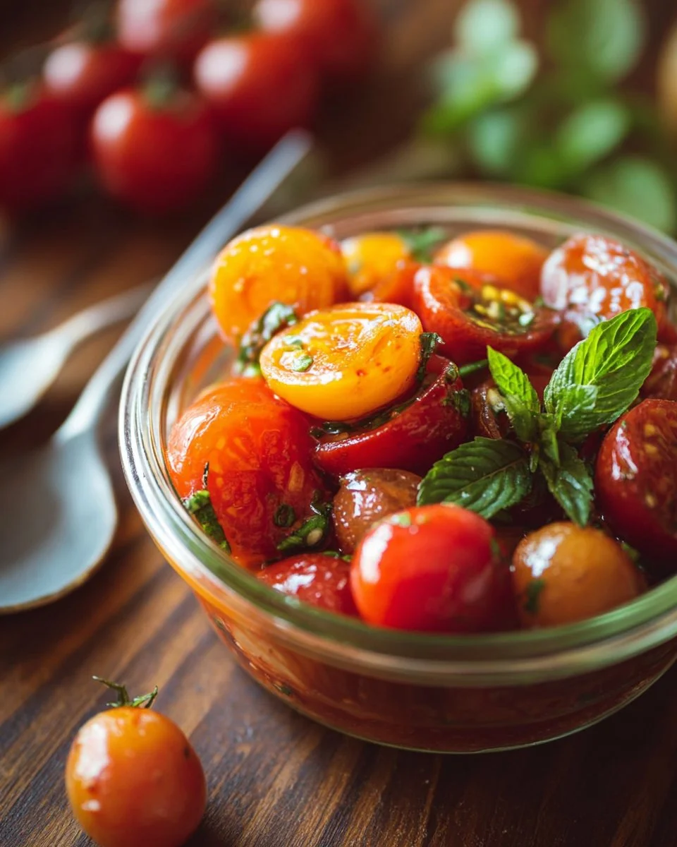 Delicious marinated cherry tomatoes showcasing vibrant colors and freshness.