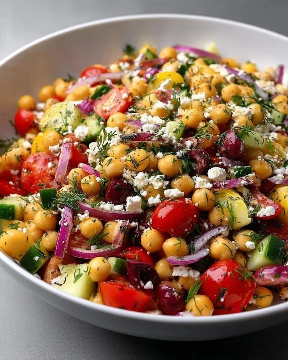 A colorful Mediterranean chickpea feta salad with fresh veggies and herbs