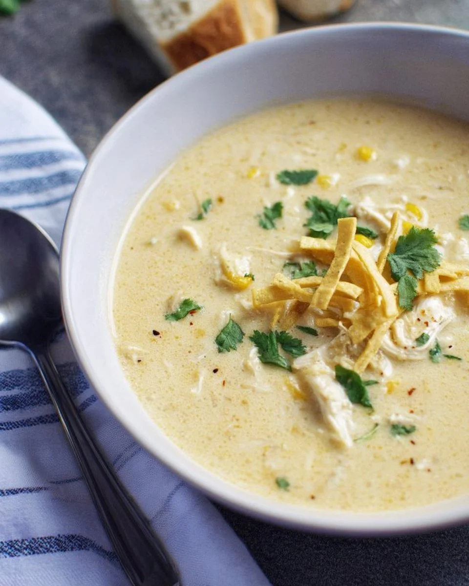 Bowl of Mexican Chicken Corn Chowder garnished with cilantro and lime.