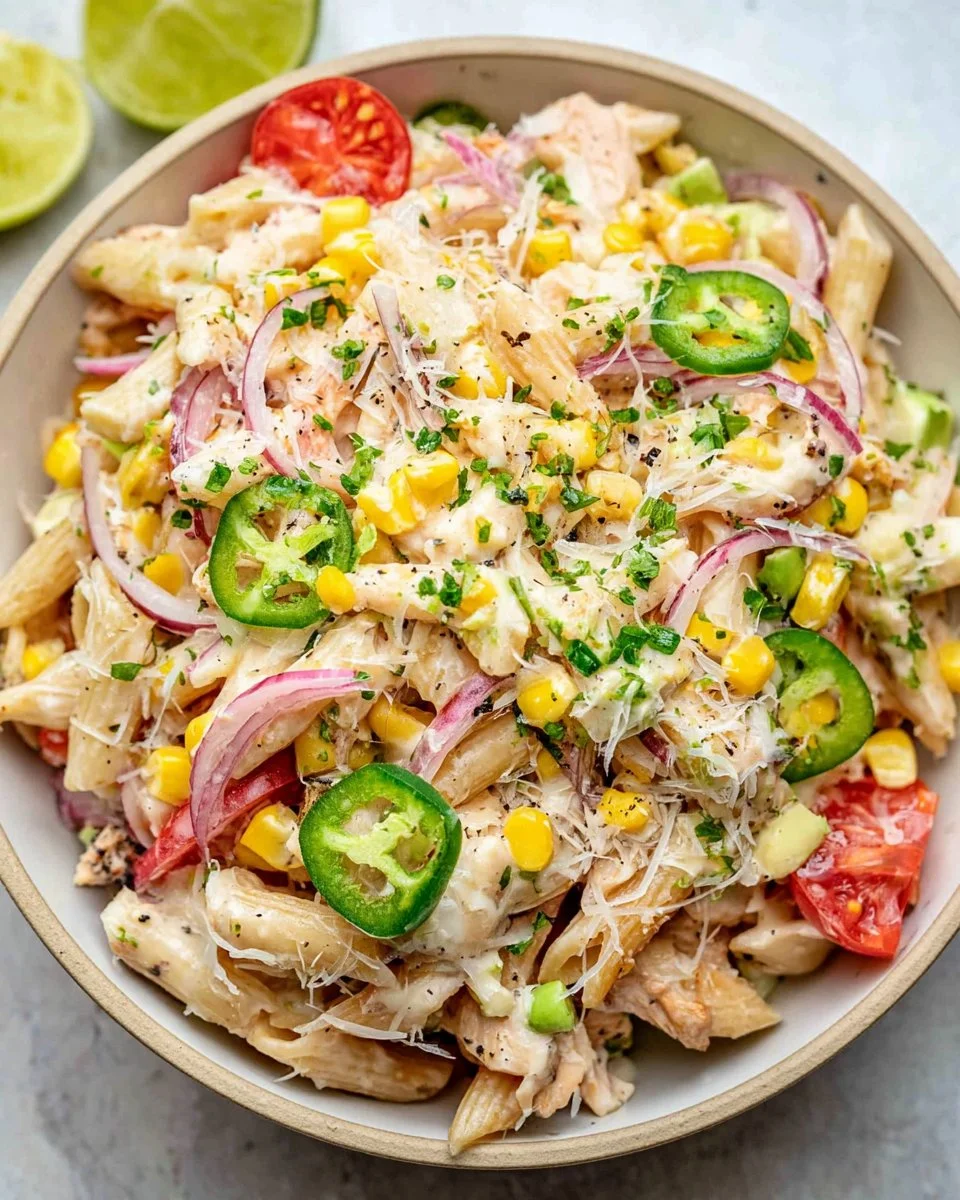 Colorful Mexican Pasta Salad with fresh vegetables and dressing
