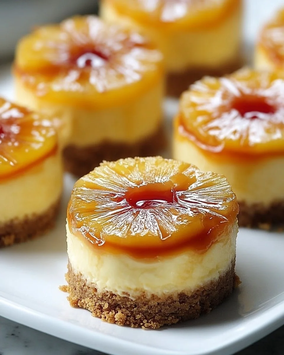Mini pineapple upside-down cheesecakes served on a plate.