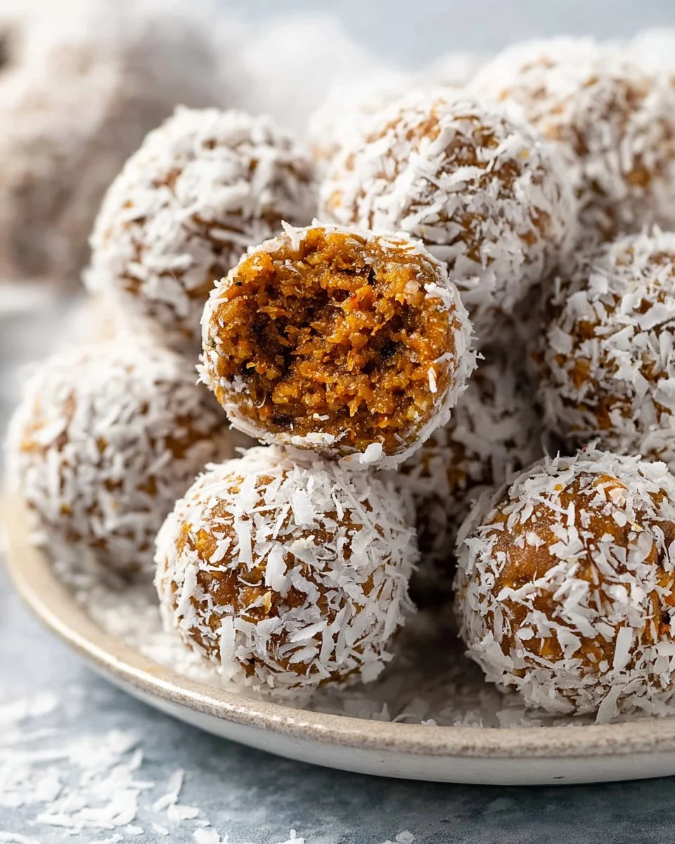 No Bake Carrot Cake Energy Bites stacked on a plate with a sprinkle of nuts