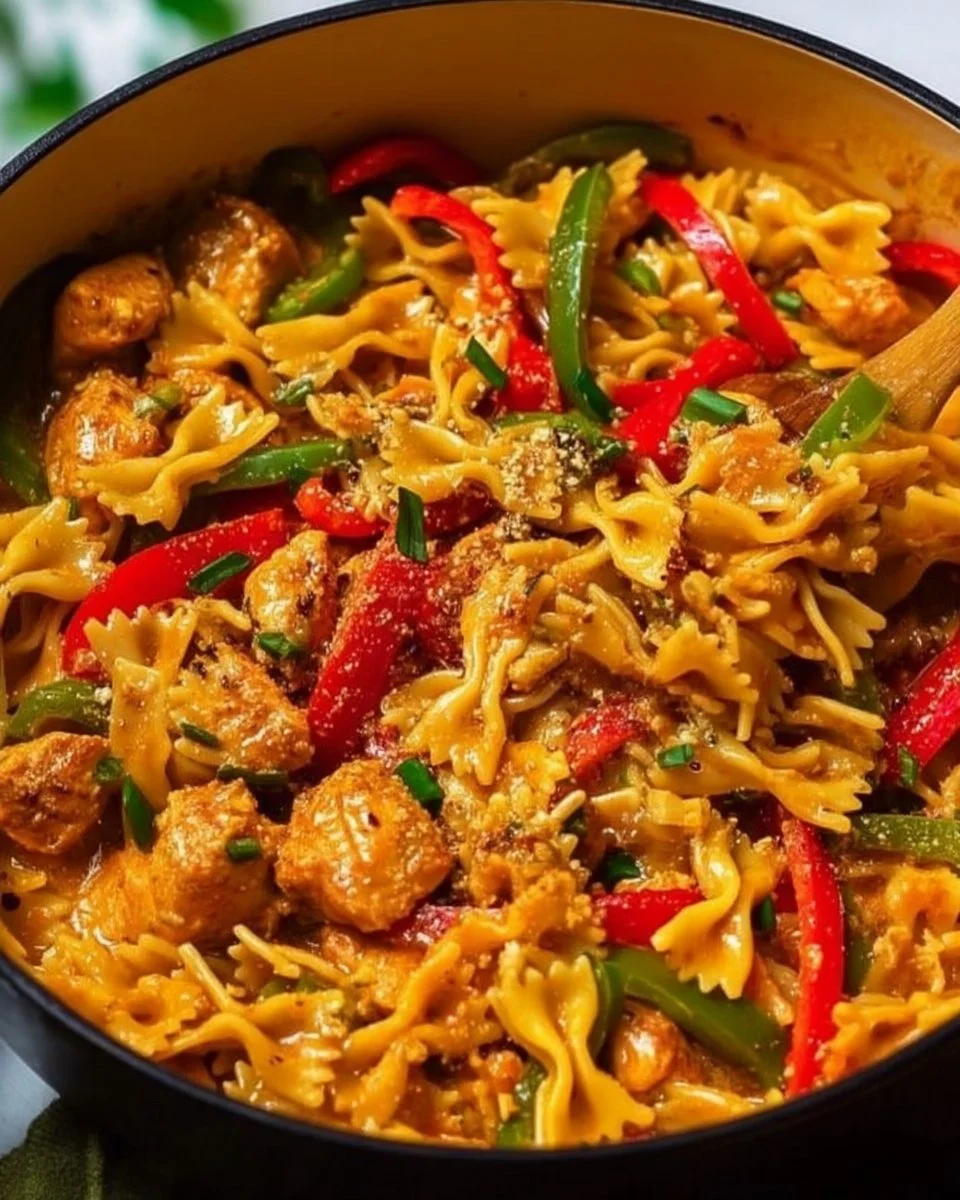 Delicious one pot chicken fajita pasta served on a plate with vibrant peppers.