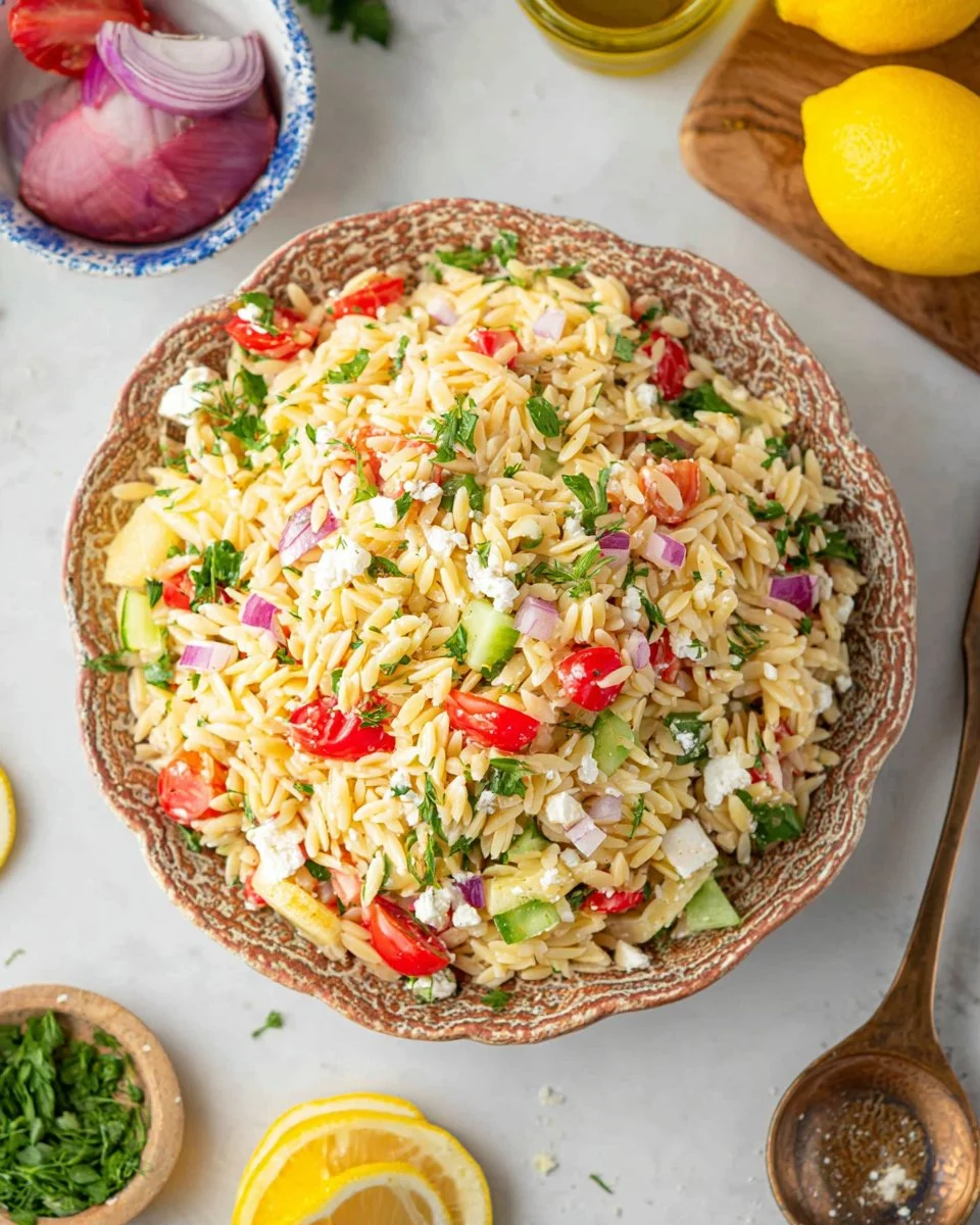 Orzo Lemon Salad with fresh vegetables and zesty dressing