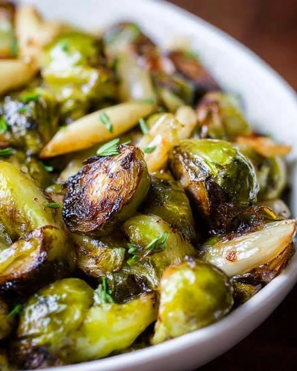 Pan roasted Brussels sprouts with ginger served on a plate