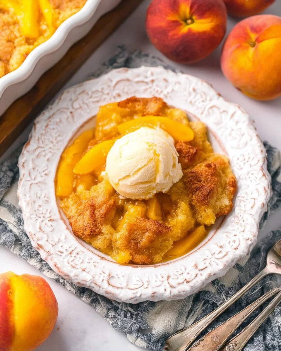 Delicious homemade peach cobbler with warm, juicy peaches and golden crust.