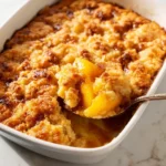 Delicious homemade peach cobbler with a golden crust and juicy peaches
