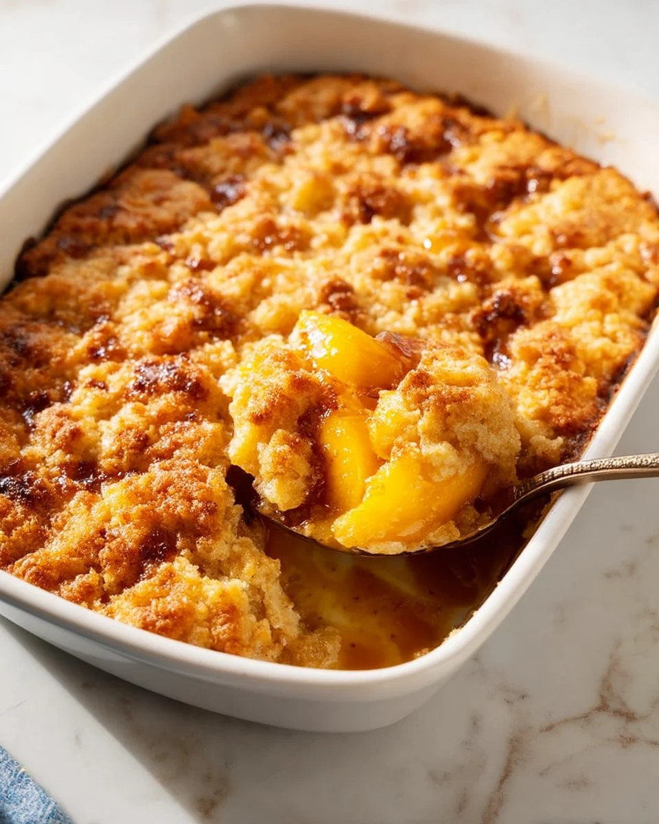 Delicious homemade peach cobbler with a golden crust and juicy peaches