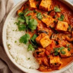 Delicious Peanut Red Curry Tofu served in a bowl topped with fresh herbs
